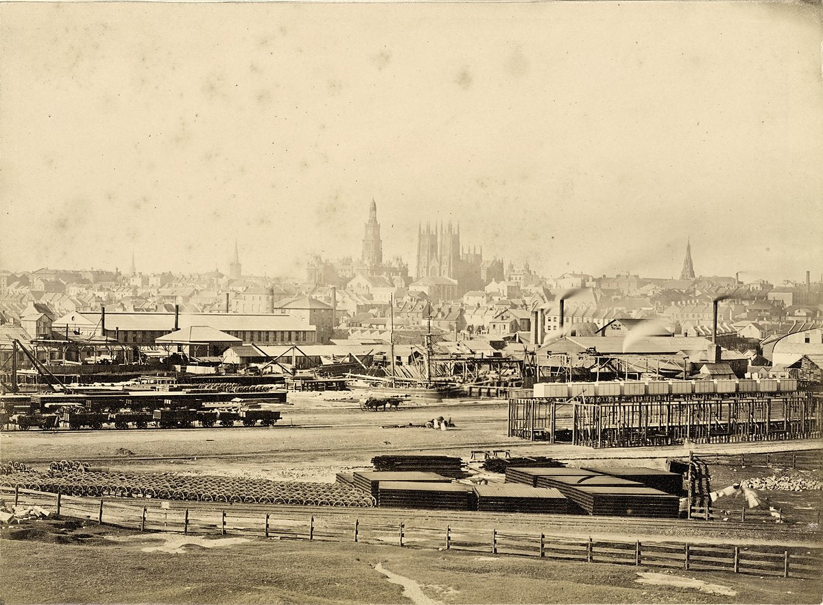 Railway goods yard and distant city skyline, Darling Harbour, 1878 — photograph, from Darling Harbour, circa 1878