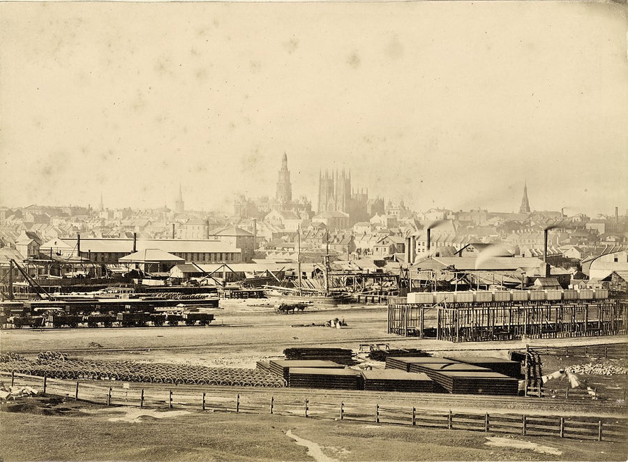 Railway goods yard and distant city skyline, Darling Harbour, 1878 — photograph, from Darling Harbour, circa 1878