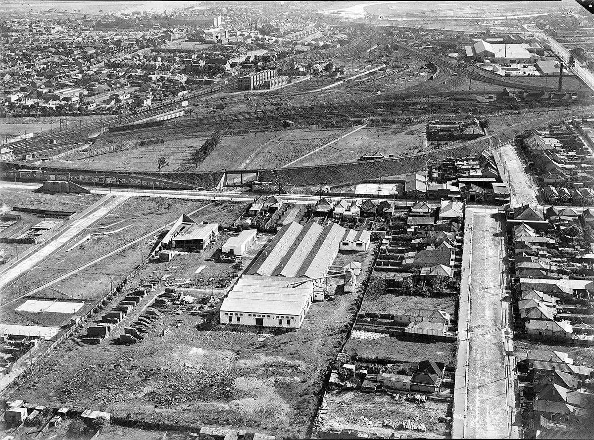 Milton Kent aerial view of a Sydney industrial suburb — photograph, 1930s