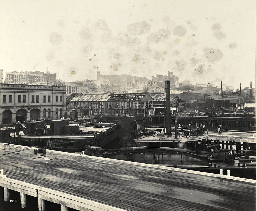 Union Steam Ship Company building over a Sydney timber wharf, 1900 — photograph, from Blackwattle Bay, circa 1900