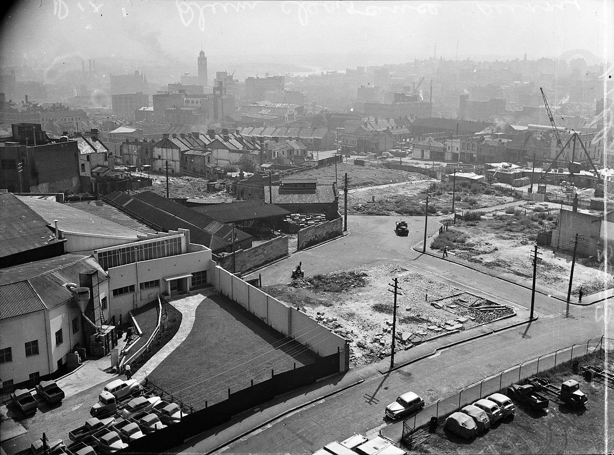 Cleared blocks and terrace rows, Surry Hills, 1950 — photograph, from Surry Hills, circa 1950