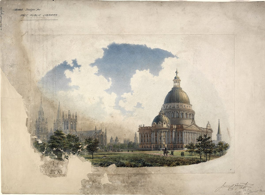 James Barnet's 1883 sketch design for a Free Public Library, Sydney — illustration, from The Domain, circa 1883