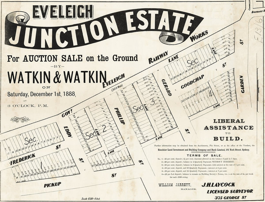 Eveleigh Junction Estate auction plan — map, from Eveleigh, 1888