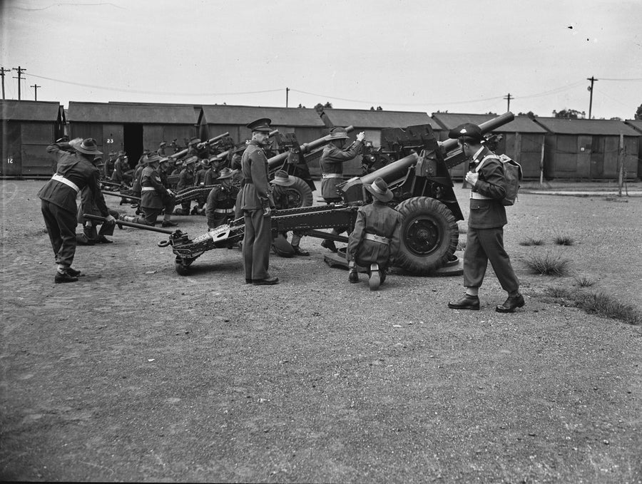 Army recruits drilling with field guns, Marrickville depot — photograph, from Marrickville, circa 1948