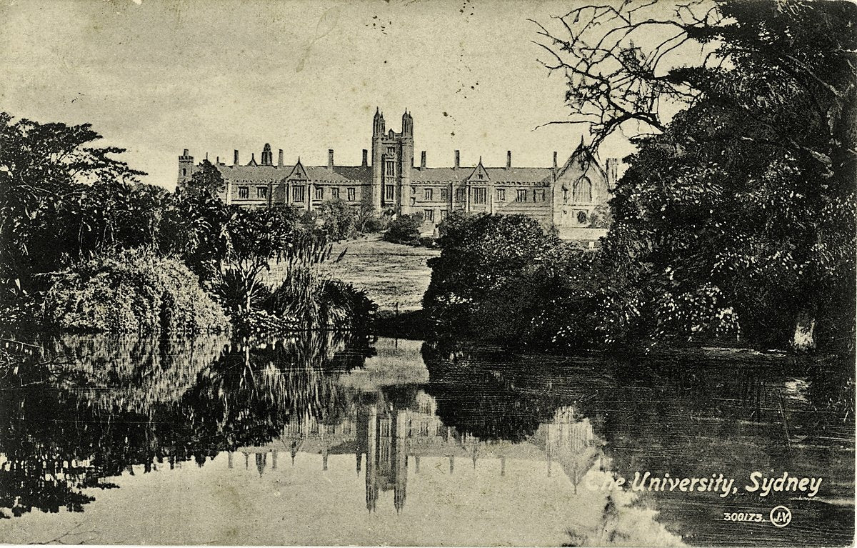 University of Sydney main building reflected in Lake Northam — photograph, from Eastern Avenue, circa 1905