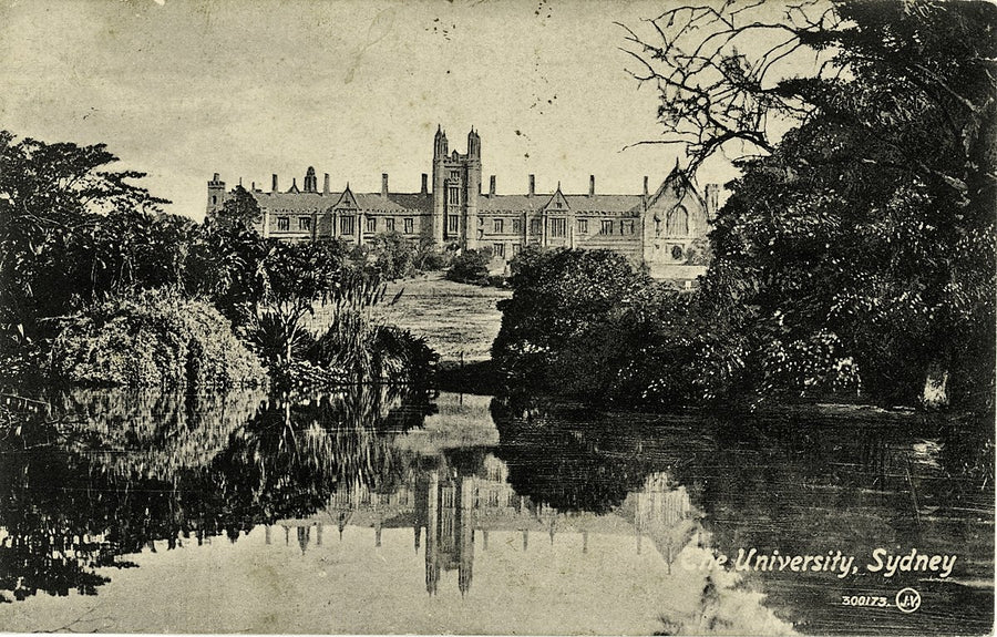 University of Sydney main building reflected in Lake Northam — photograph, from Eastern Avenue, circa 1905