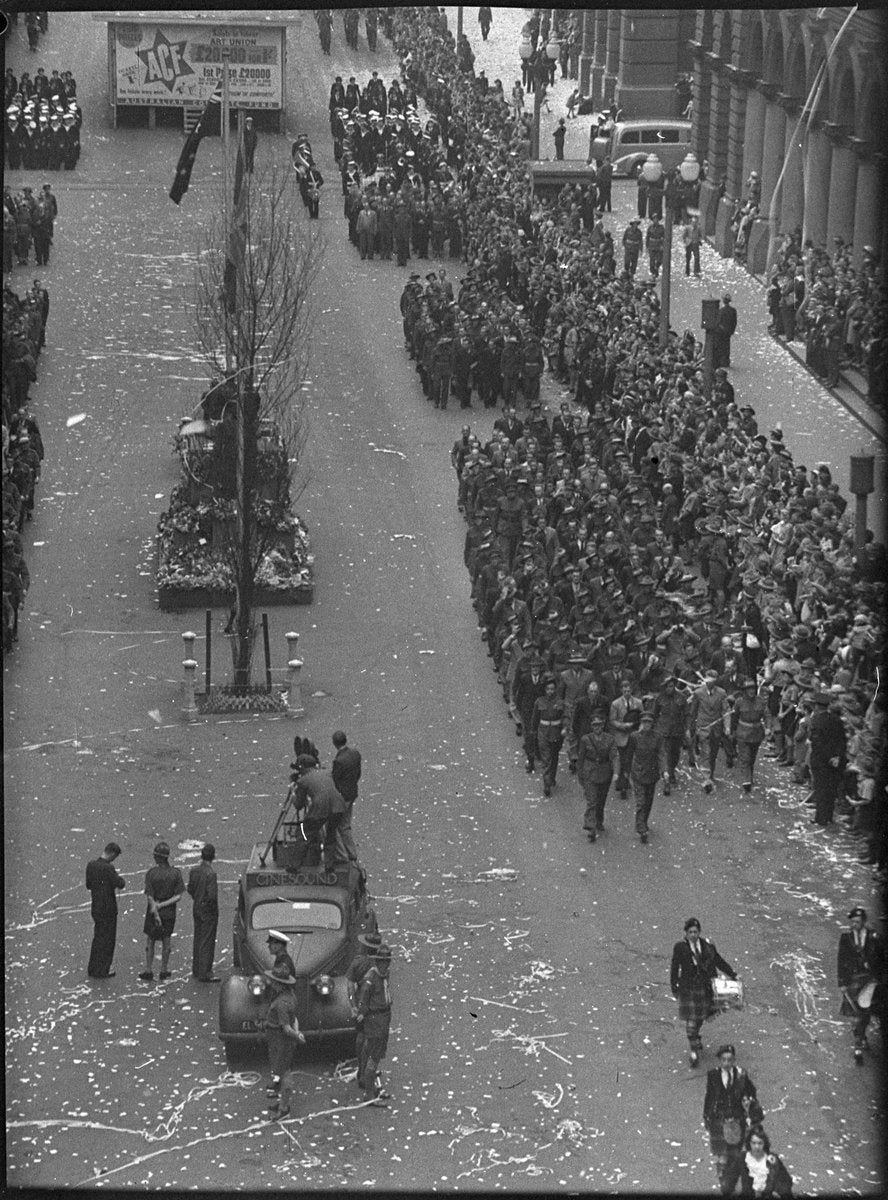 Peace celebrations in a Sydney street, August 1945 — photograph, from Sydney, New South Wales, circa 1945