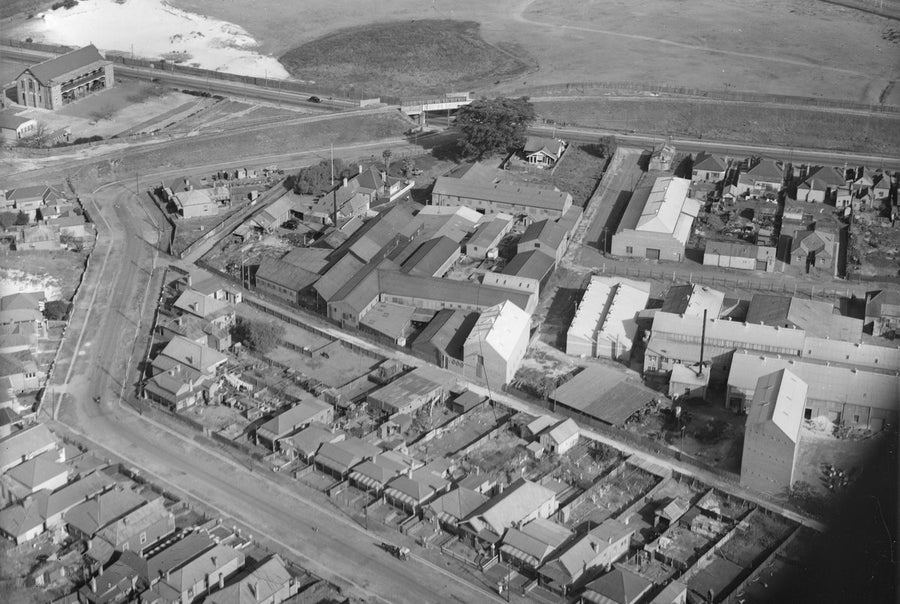 Milton Kent aerial view of a Sydney industrial precinct and terraced streets — photograph, circa 1930