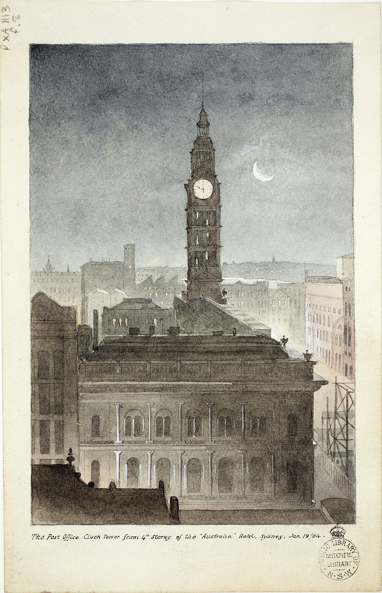 Post Office clock tower by moonlight, from the Australia Hotel, Sydney, 1894 — illustration, from Sydney General Post Office, circa 1894