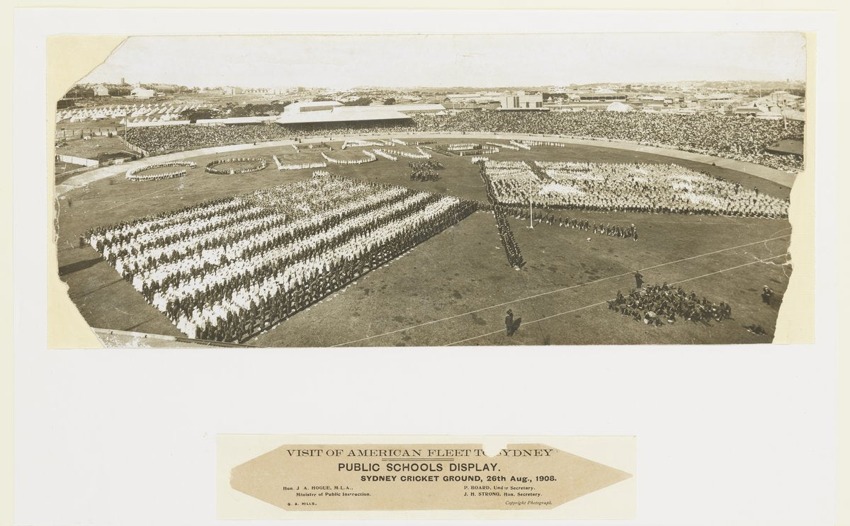 Schoolchildren forming human flags at the Sydney Cricket Ground, 1908 — photograph, from Sydney Cricket Ground, Moore Park, Sydney, circa 1908