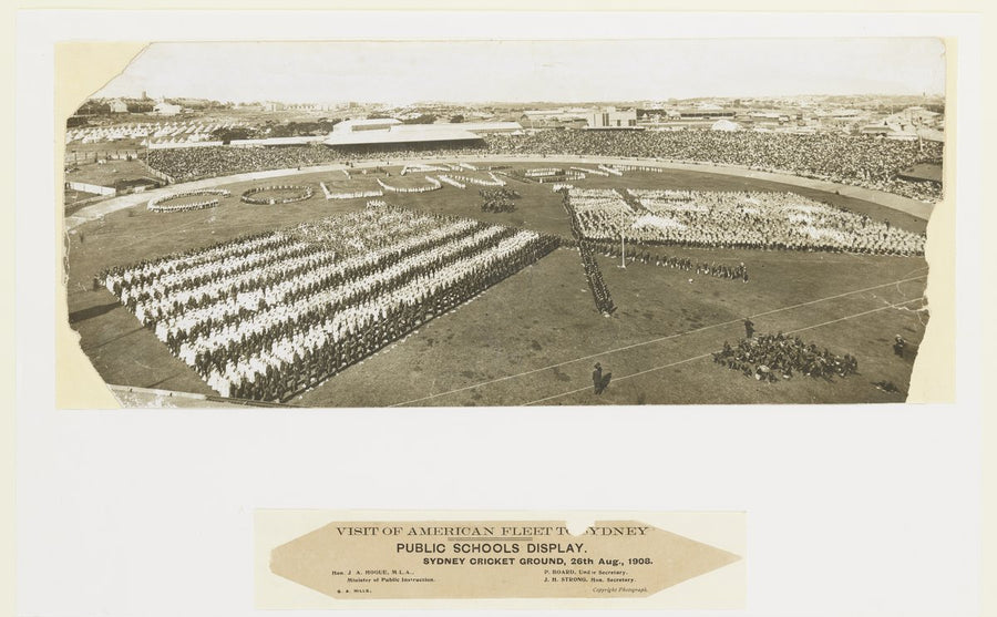Schoolchildren forming human flags at the Sydney Cricket Ground, 1908 — photograph, from Sydney Cricket Ground, Moore Park, Sydney, circa 1908