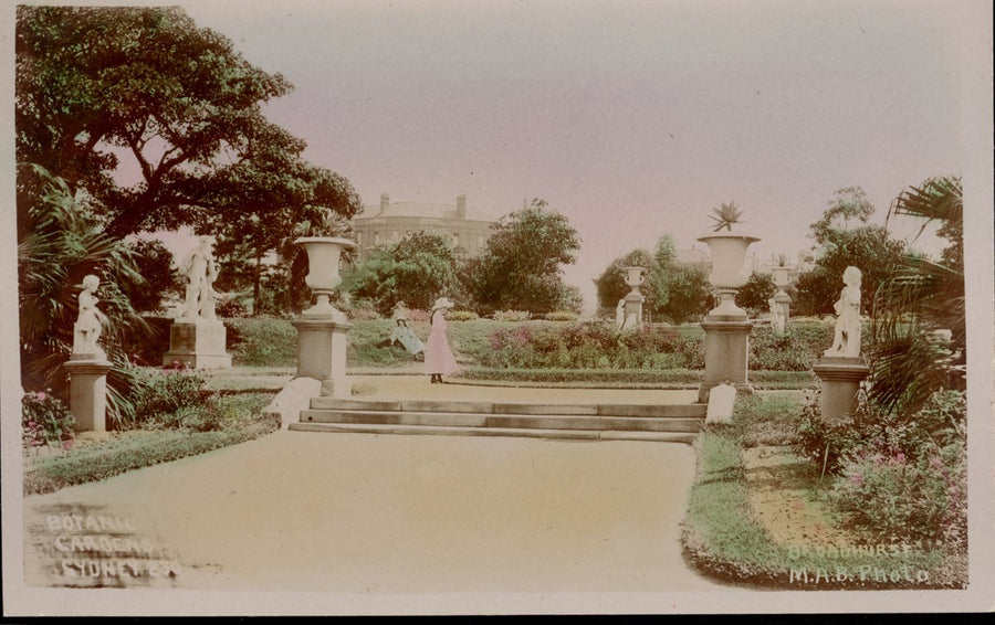 Statue-lined garden path, Royal Botanic Gardens, Sydney — photograph, from Royal Botanic Garden, Sydney, circa 1913