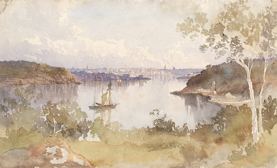Sydney Harbour with a sailing vessel and a distant city skyline — illustration, from Sydney, 1862–1902