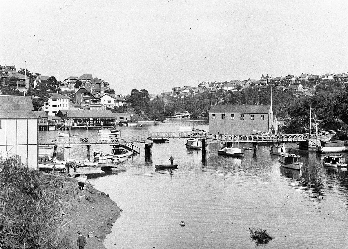 Moored boats at the Mosman Bay footbridge — photograph, from Mosman Bay, circa 1930