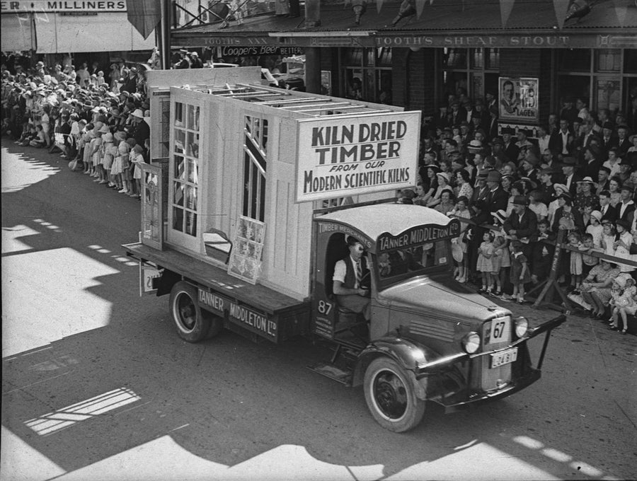Tanner Middleton Ltd timber float in the 1938 Sesquicentenary procession, Parramatta — photograph, from Parramatta, NSW, circa 1938