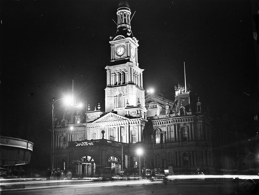 Sydney Town Hall floodlit for the Radio & Electrical Exhibition — photograph, from Sydney Town Hall, circa 1930