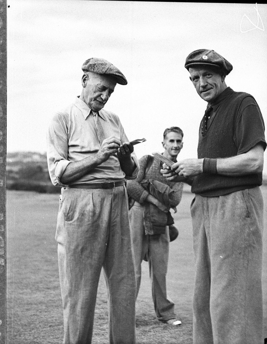 Golfers comparing scorecards, Royal Sydney Golf Club — photograph, from Royal Sydney Golf Club, Rose Bay, circa 1938