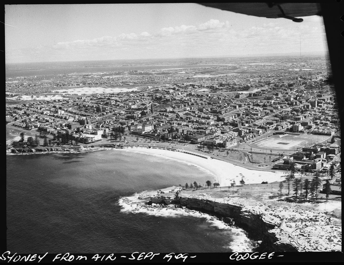 Coogee Beach from the air, 1949 — photograph, from Coogee Beach, Coogee, circa 1949