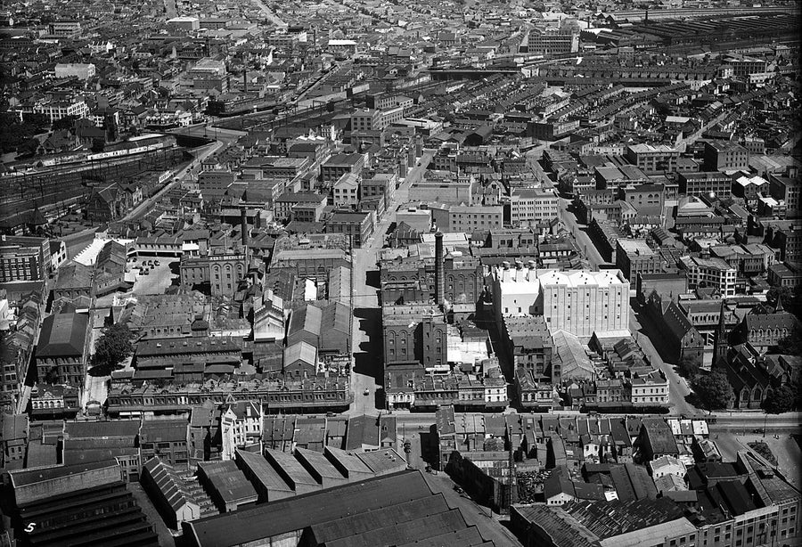Sydney rooftops and railway yards from the air — photograph, from Sydney, c. 1940