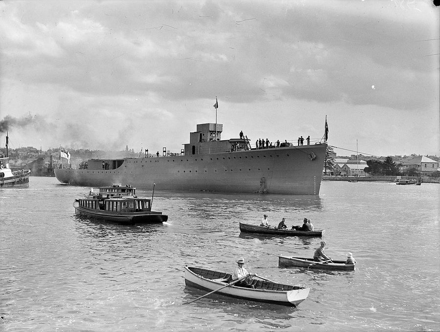 Launch of HMAS Yarra at Cockatoo Island — photograph, from Woolwich, 1935