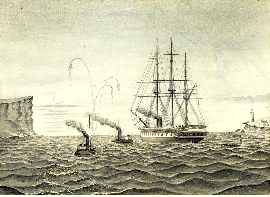 H.M.S. Galatea passing the Sydney Heads with the Emu and Pelican, 1868 — illustration, from South Head, circa 1868