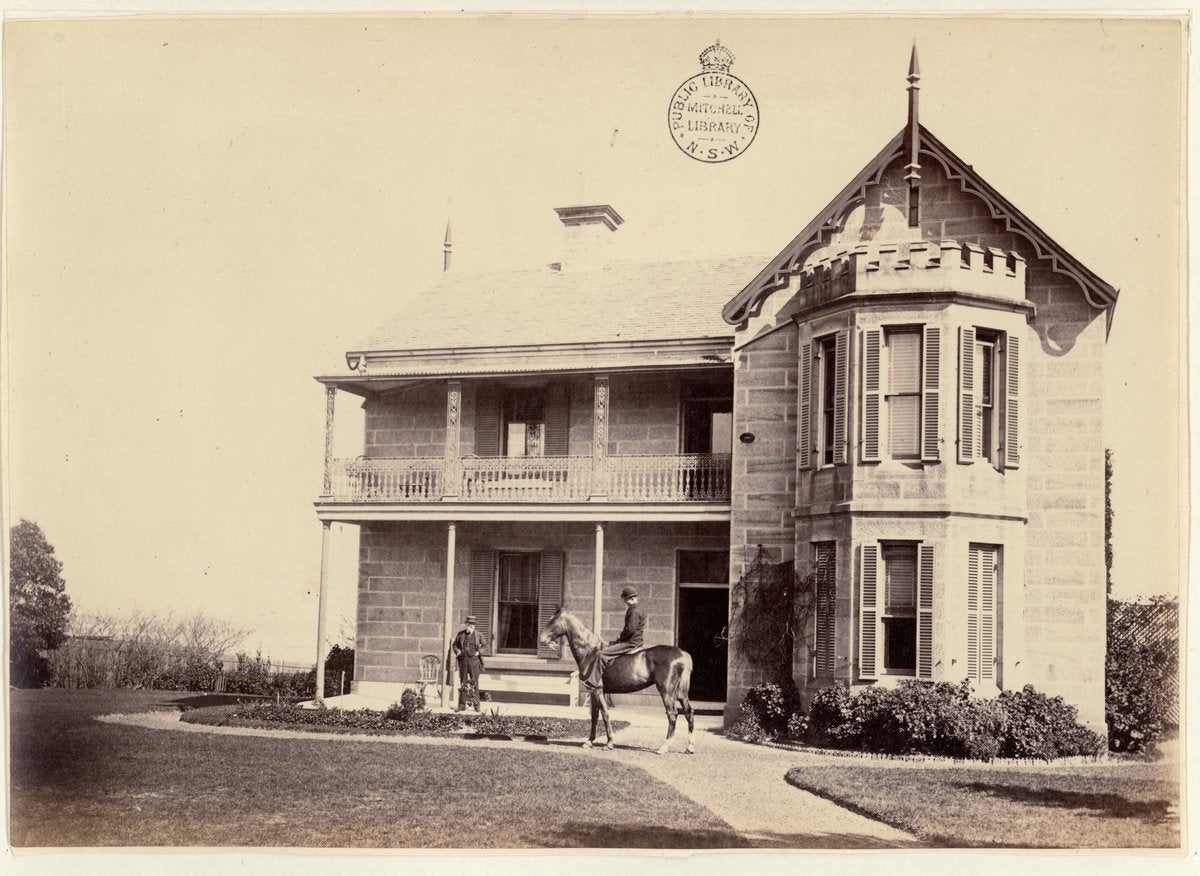 Upton Grange, North Sydney, with a horse and two men in the garden — photograph, from Upton Grange, North Sydney, circa 1880
