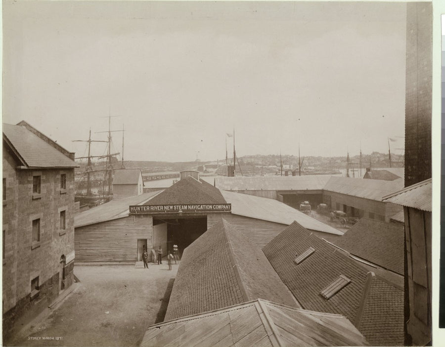 Hunter River New Steam Navigation Company warehouse, Darling Harbour, March 1871 — photograph, from Darling Harbour, Sydney, circa 1871