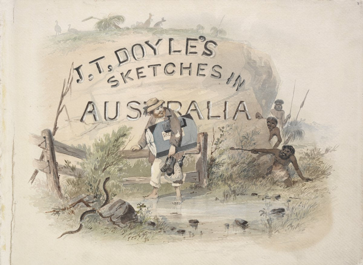Illustrated title page for 'J.T. Doyle's Sketches in Australia' — illustration, circa 1862