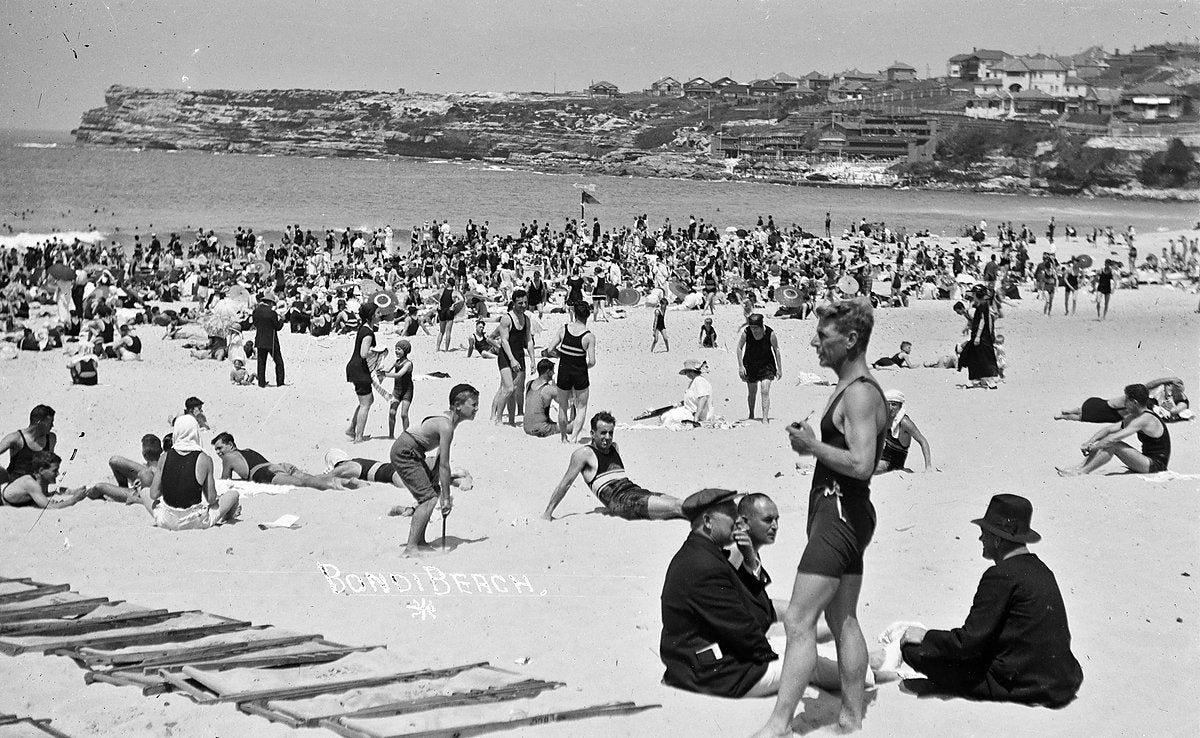 Bathers in neck-to-knee costumes on Bondi Beach — photograph, from Bondi Beach, circa 1905