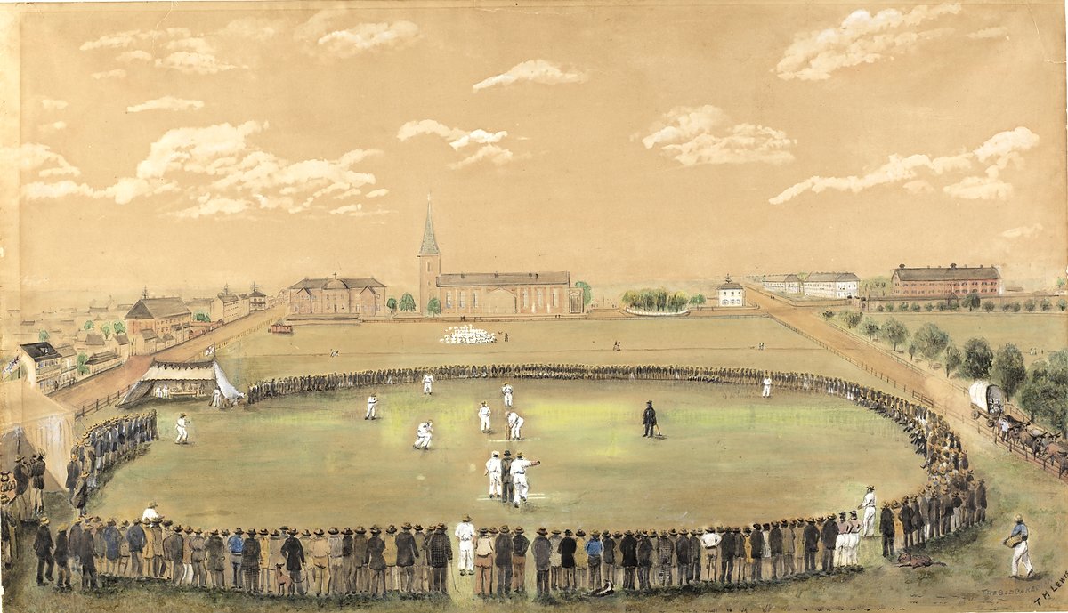 Cricket at Hyde Park: Sydney versus an Imperial regiment, 1843 — illustration, from Hyde Park, circa 1843