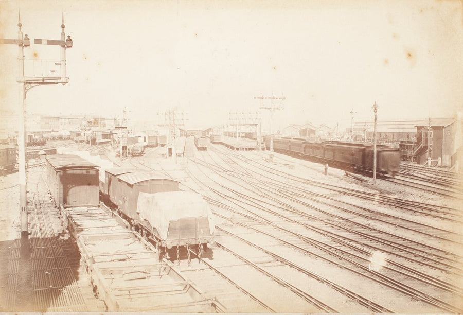 Goods yards at Spencer Street Railway Station, Melbourne — photograph, from Collins Street, circa 1879