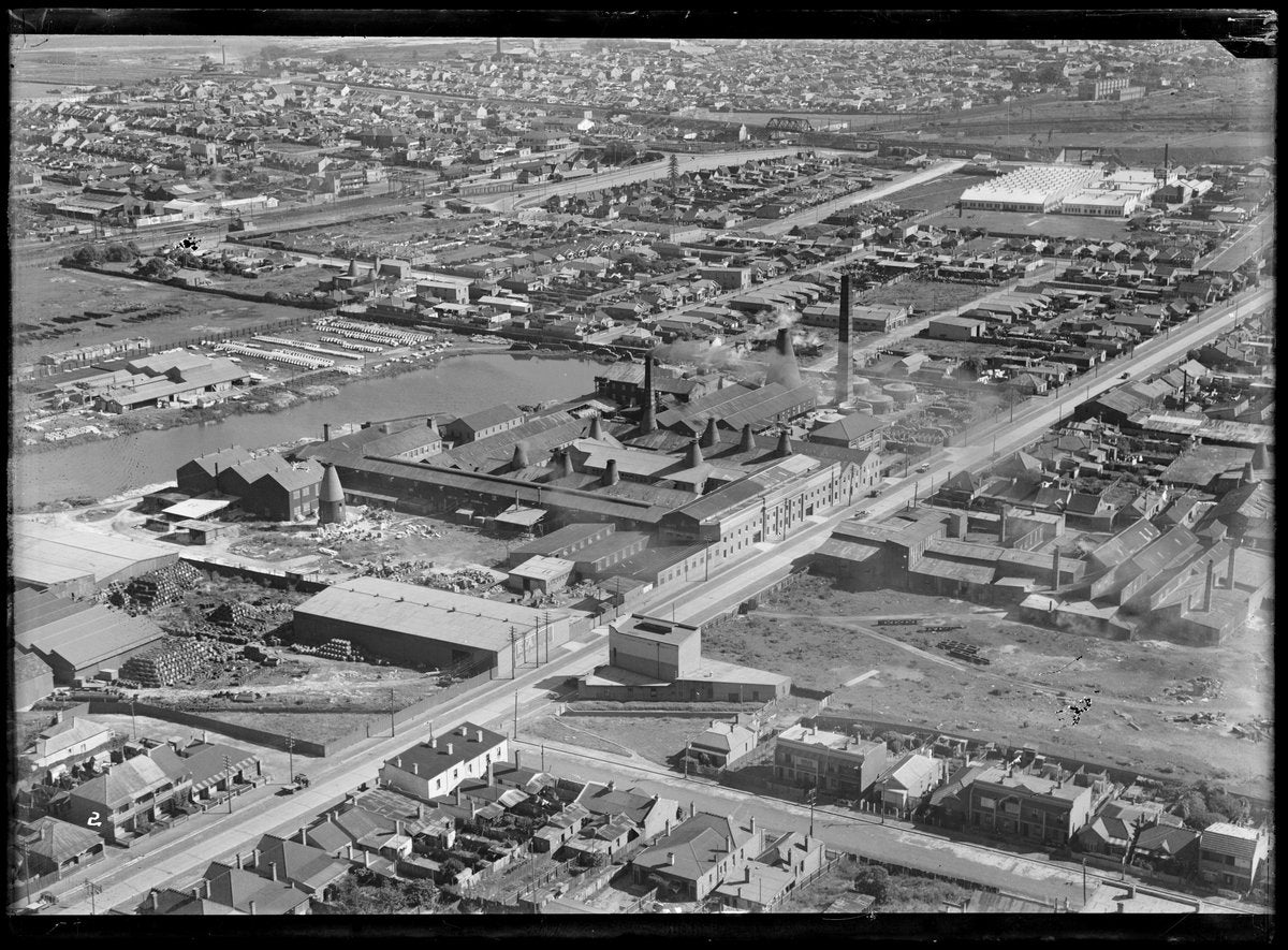 Bottle kilns of a Marrickville pottery works from the air — photograph, from Fowler Potteries, Marrickville, circa 1940