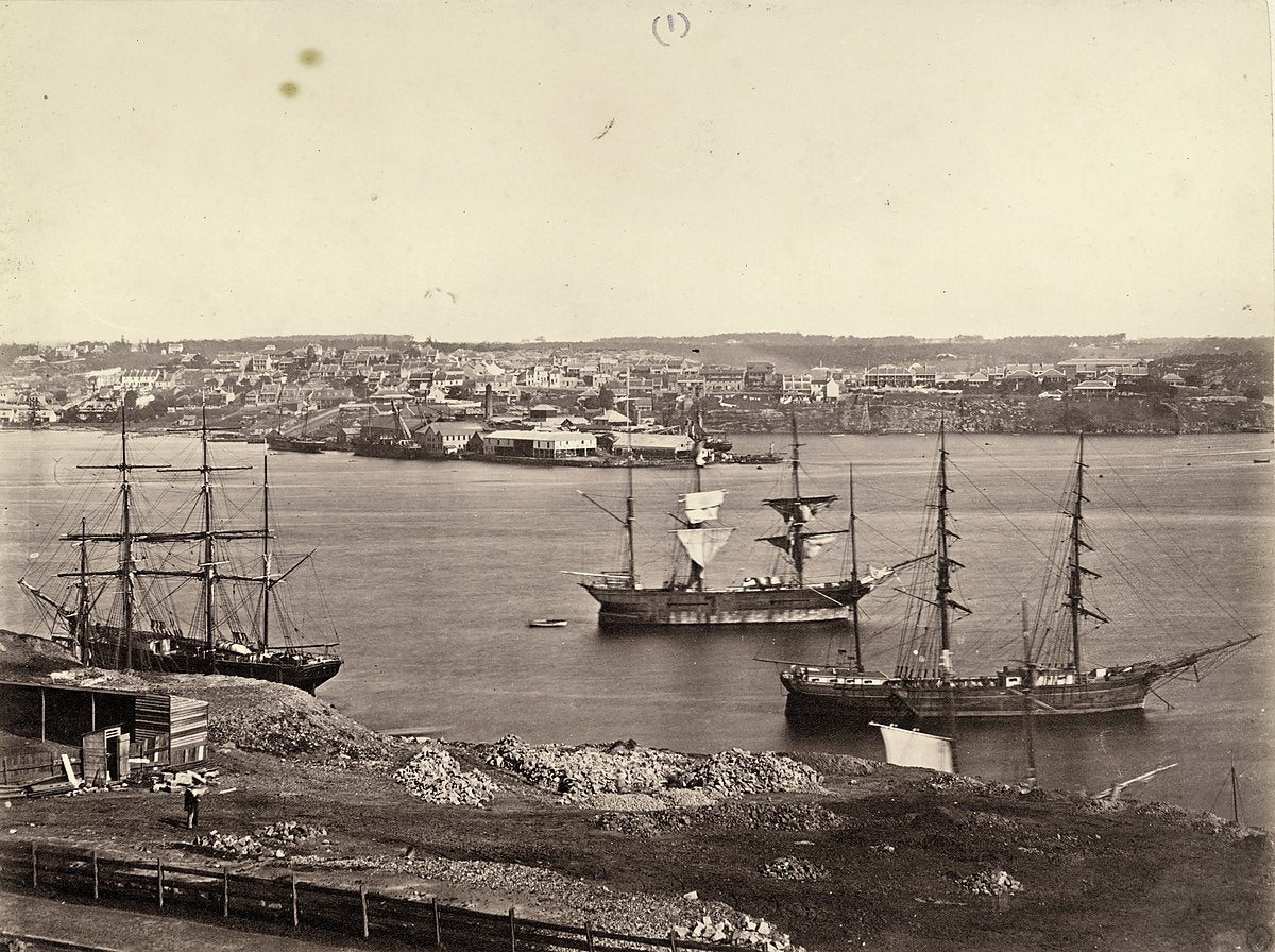 Sailing ships at anchor in Darling Harbour, looking toward Pyrmont — photograph, from Darling Harbour, circa 1880