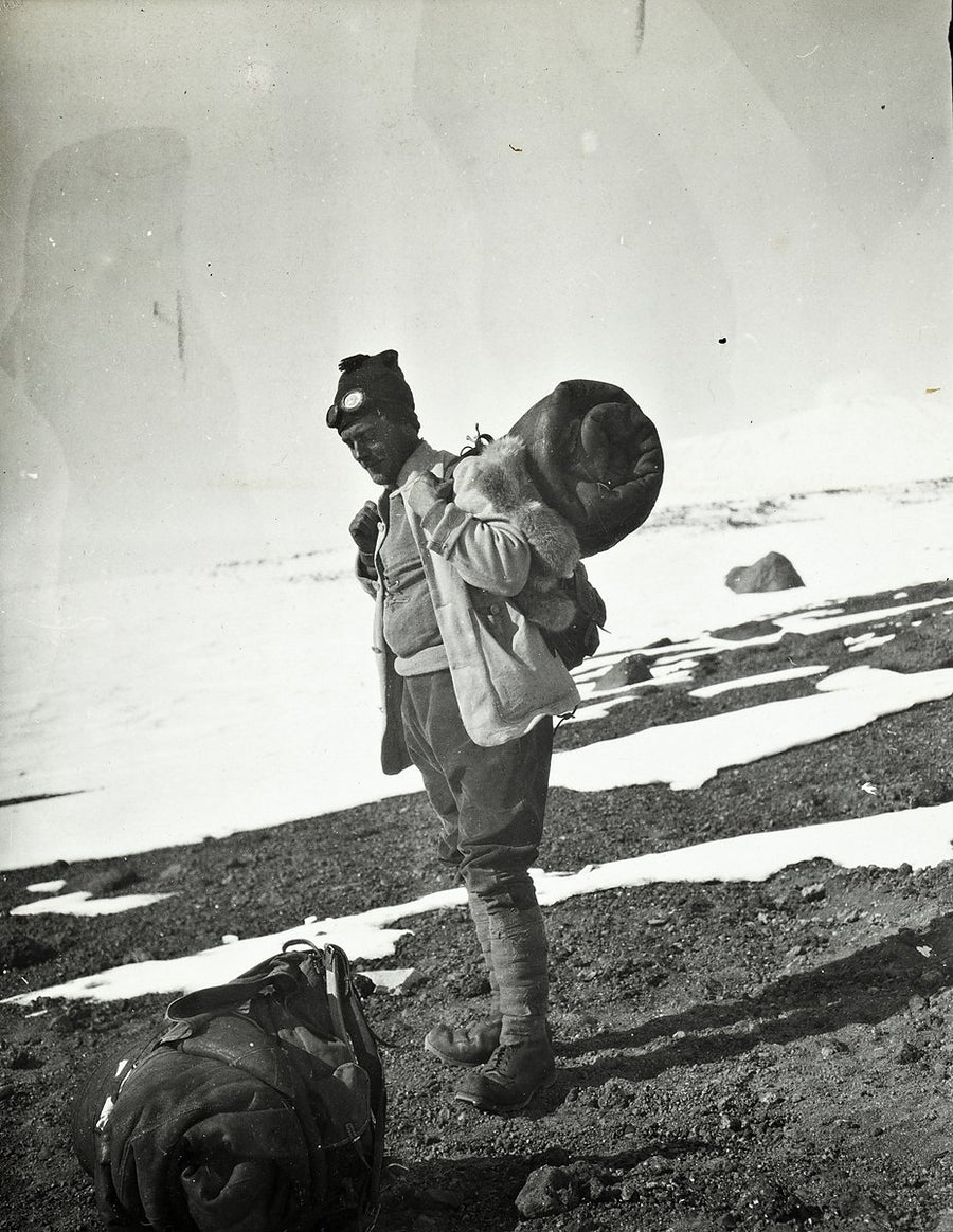 Raymond Priestley with sleeping roll and field kit, British Antarctic Expedition, 1910–1913 — photograph, circa 1913