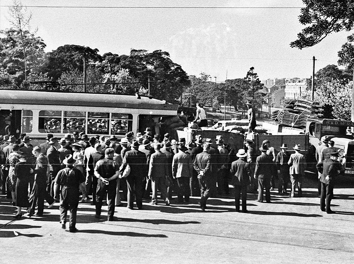 Tram and lorry smash, Sydney, 1937 — photograph, from Sydney CBD, circa 1937