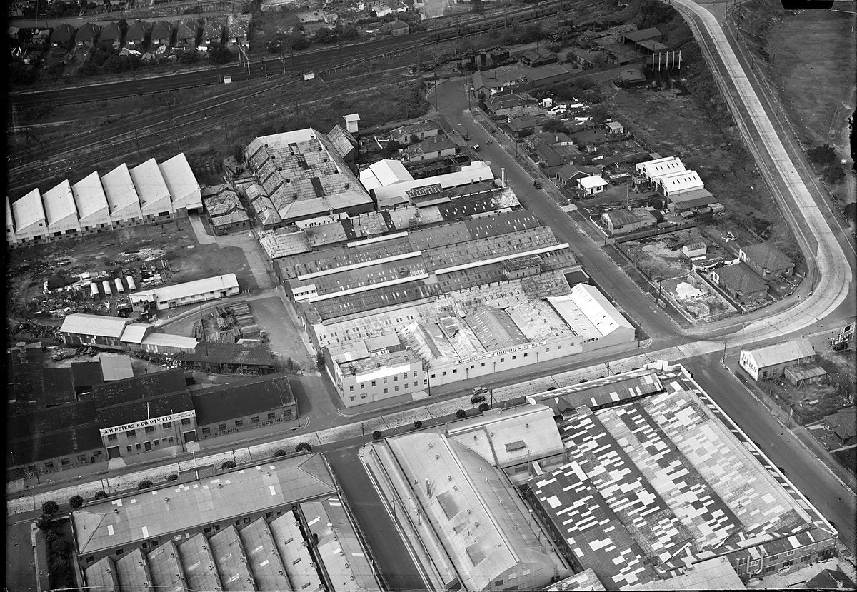 Duly & Hansford motor parts factory, Marrickville, from the air — photograph, from Marrickville, c. 1940