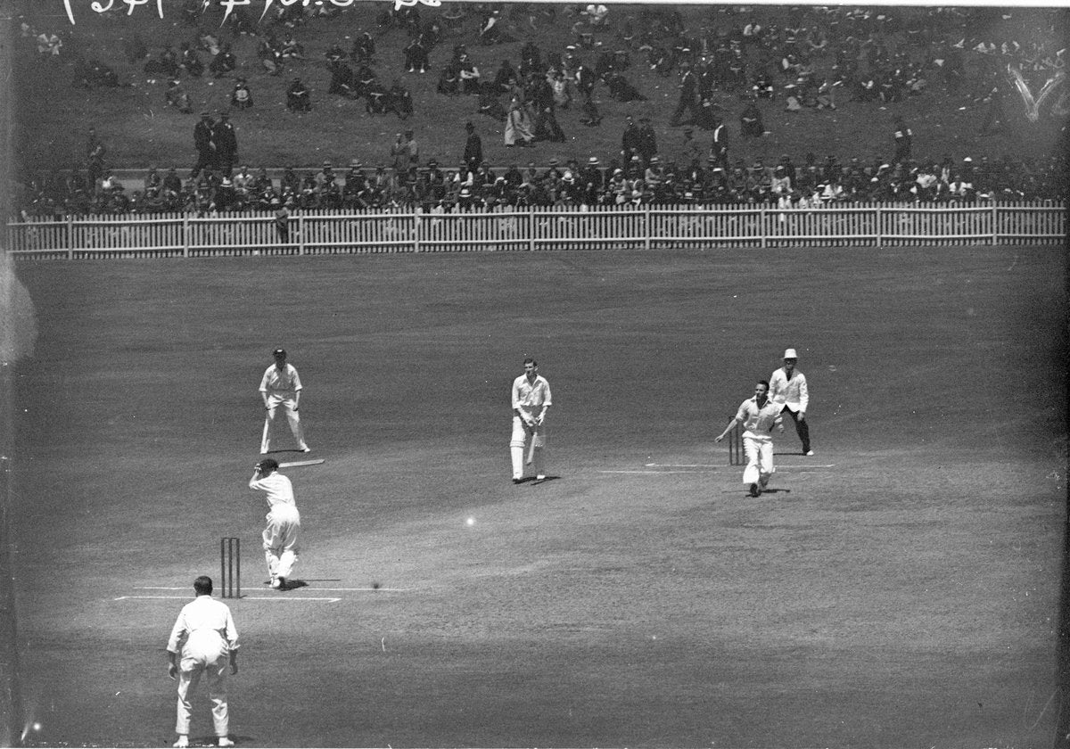 Test cricket in progress at the Sydney Cricket Ground — photograph, from Sydney Cricket Ground, Moore Park, circa 1930