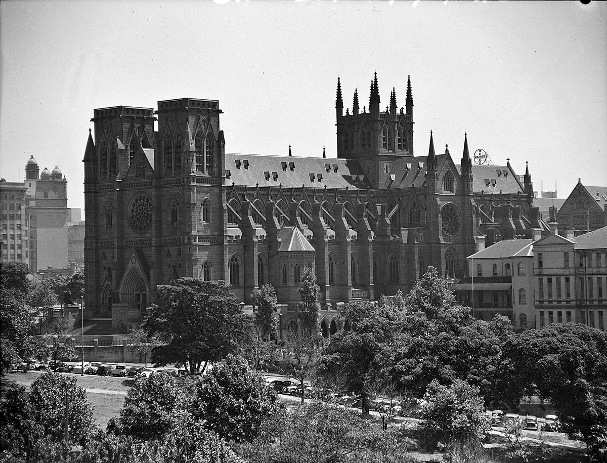 St Mary's Cathedral before its spires, Sydney — photograph, from St Mary's Cathedral, circa 1937