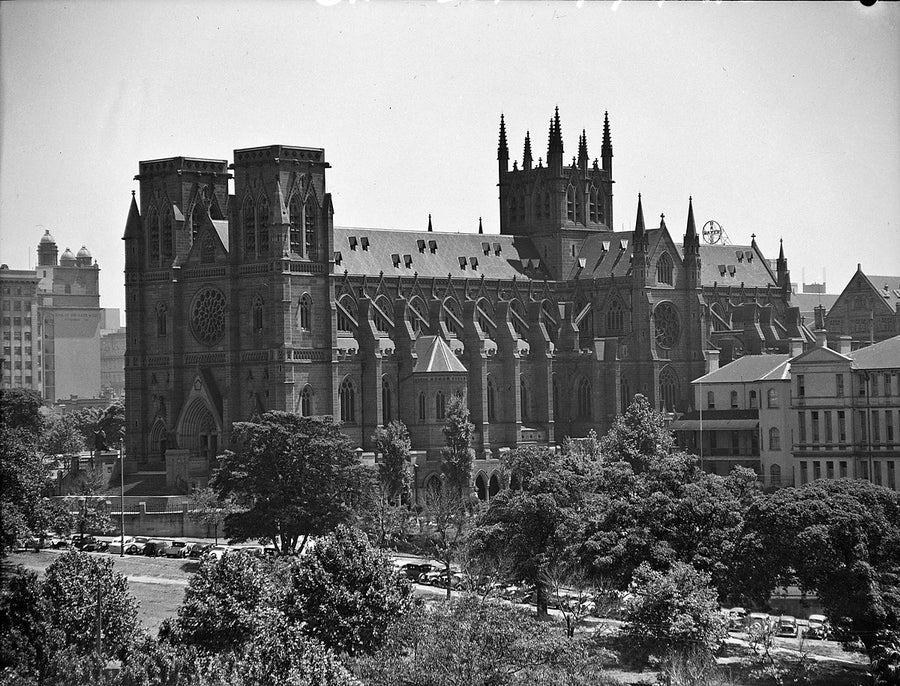 St Mary's Cathedral before its spires, Sydney — photograph, from St Mary's Cathedral, circa 1937