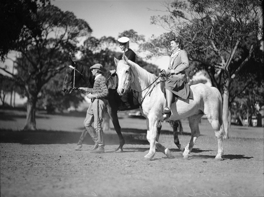 Riders led on horseback in Centennial Park, 1940 — photograph, from Centennial Park, circa 1940