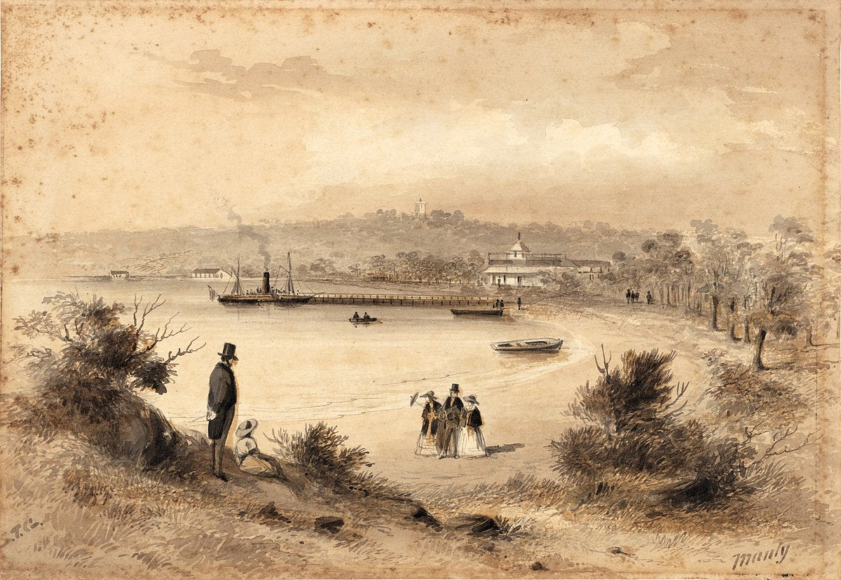 Paddle steamer at the Manly wharf, seen from the beach — illustration, from Manly Beach, circa 1856