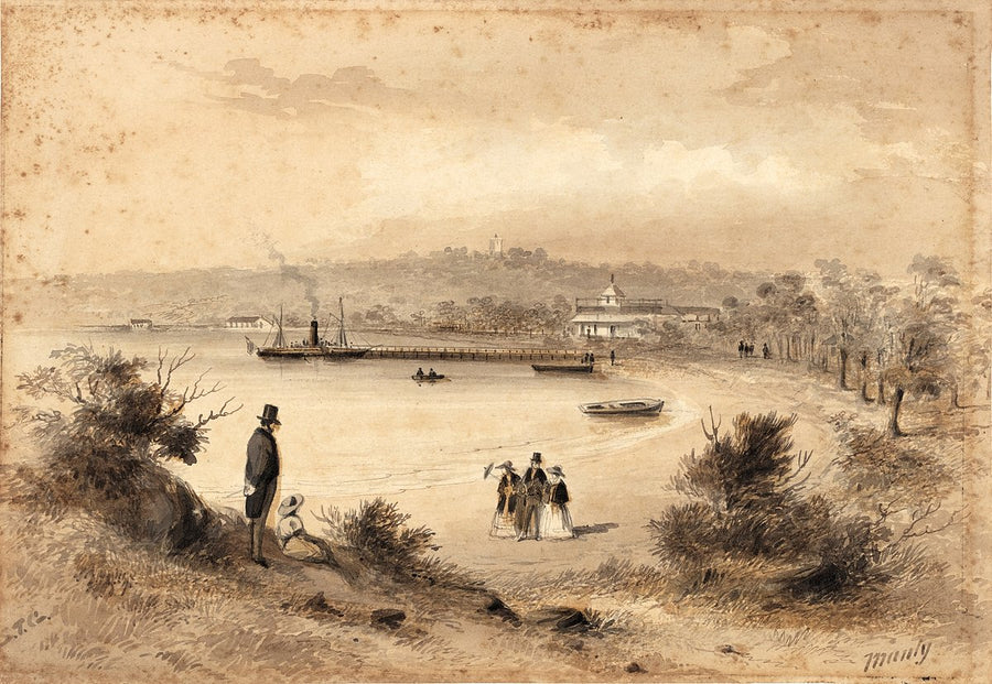 Paddle steamer at the Manly wharf, seen from the beach — illustration, from Manly Beach, circa 1856