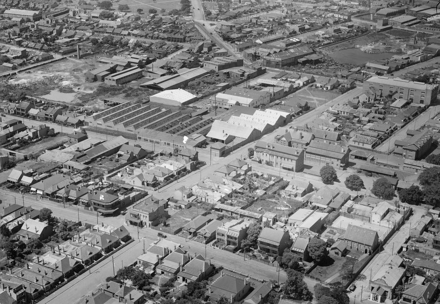 Terrace grid and factories at Marrickville, from the air — photograph, from Marrickville, circa 1935