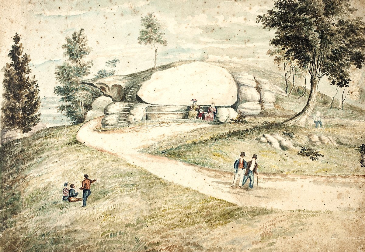 Mrs Macquarie's Chair, Sydney, with figures on the path below the seat — illustration, from Mrs Macquarie's Chair, c. 1843