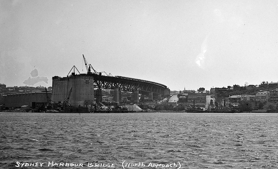 Northern approach of the Sydney Harbour Bridge under construction, Milsons Point — photograph, from Sydney Harbour Bridge, circa 1905