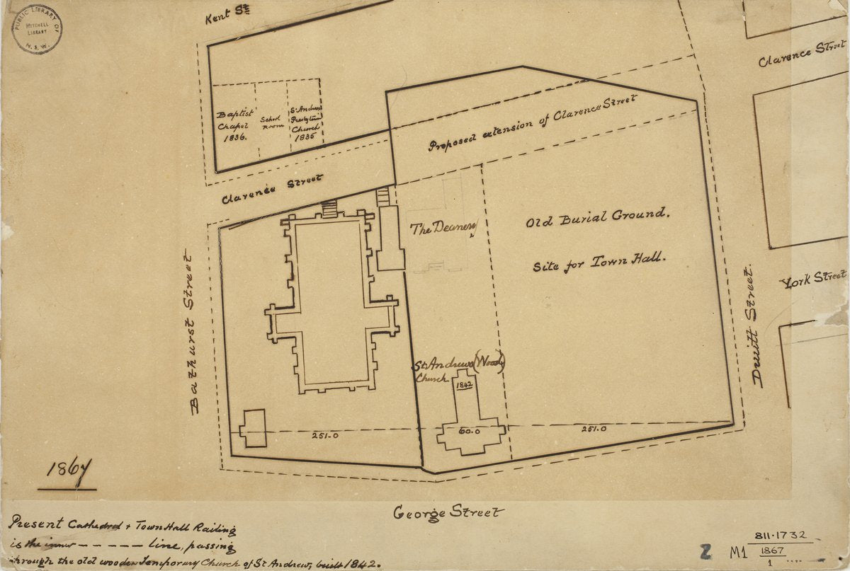 Proposed Sydney Town Hall site on the old burial ground, 1867 — map, from Site of Sydney Town Hall, George Street, Sydney, circa 1867
