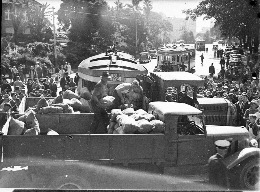 Loaded lorry beside a Double Bay tram, Sydney — photograph, from Sydney, circa 1937