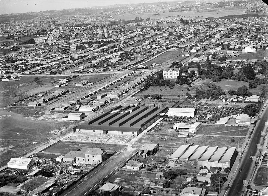 Aerial view of the Waratah mill and surrounding factories, Rhodes — photograph, from Rhodes, 1930s