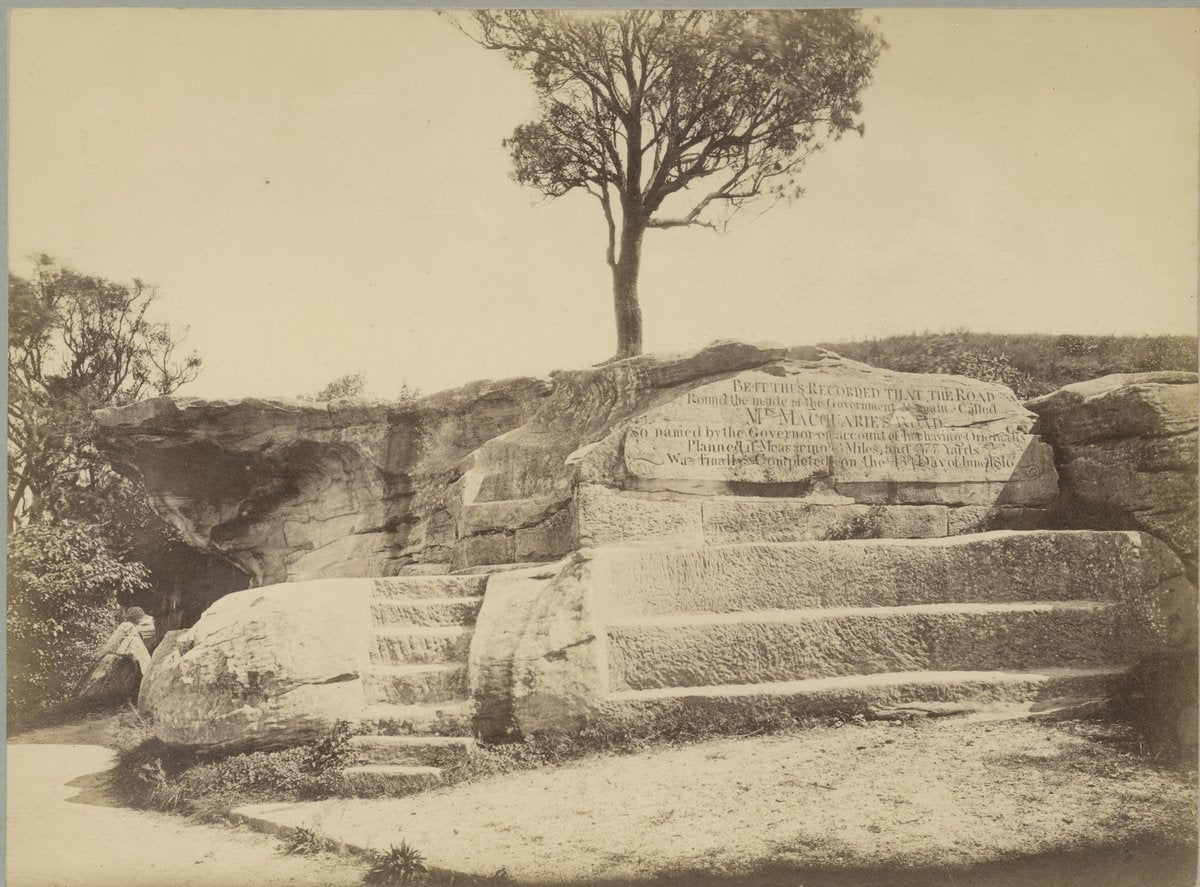 Mrs Macquarie's Chair, carved sandstone seat at Mrs Macquarie's Point — photograph, from Mrs Macquarie's Chair, Mrs Macquaries Point, Sydney, circa 1880