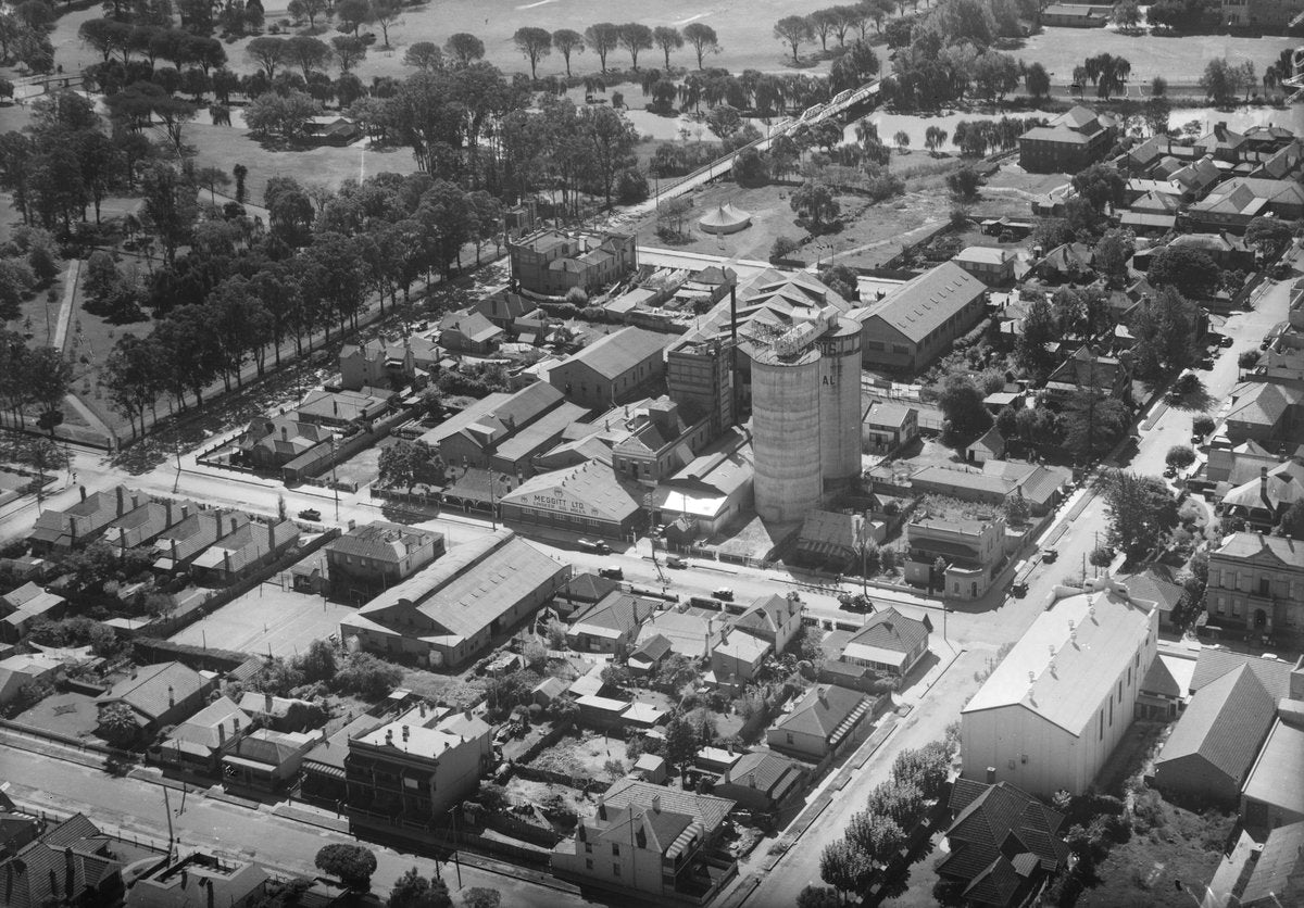 Meggitt Ltd works and concrete silo from the air, Parramatta — photograph, from Parramatta, circa 1939